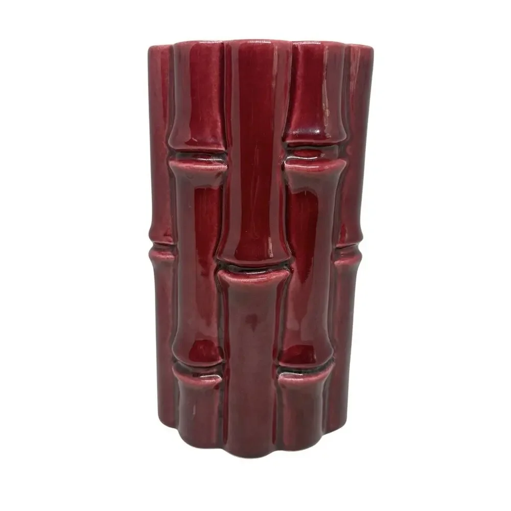 Red Wing USA Burgundy Bamboo Ceramic 7.5” Tall Vase #400 Light Grey interior VTG